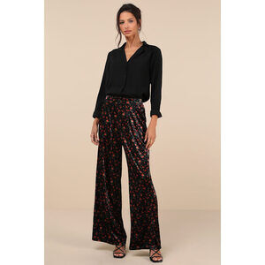 Lulus Chic Splendor Black Floral Velvet High Rise Wide-leg Pants - Size M